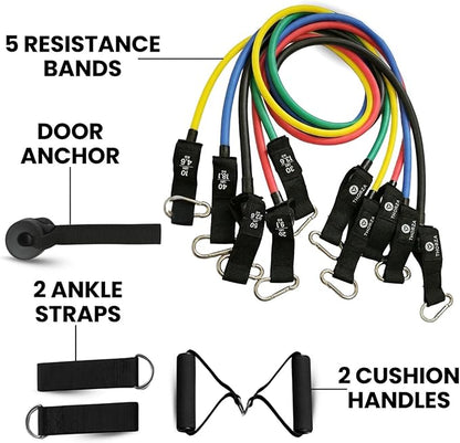 THORZA 11-Piece Full Body Strength Training with Resistance Bands Set - 5 Levels Tube Exercise Bands, Without Latex TPE Resistance Band - Door Anchor, Handles, Ankle Straps & 1 Bag