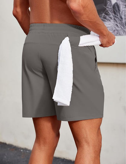 PINSPARK Men's Gym Workout Shorts - 7" Quick Dry Running Athletic Shorts with Towel Loop and Zipper Pockets