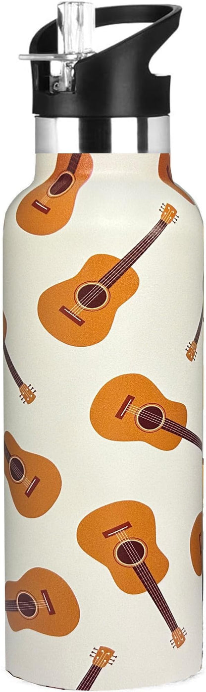 Music Guitar Sport Water Bottle with Straw, Vacuum Insulated Stainless Steel Thermal Drinking Travel Mug Cups For Gym Fitness Camping-20oz/600ml