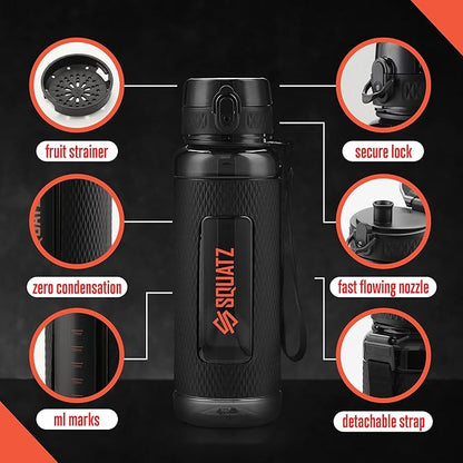 SQUATZ 24 Oz Poseidon Series Water Bottle for Protein and Fruit Shakes - Premium Quality Wide Mouth Gym Flask Fruit Infuser Strainer, Carrying Strap, Leak Resistance, No Condensation Sleeve,Black
