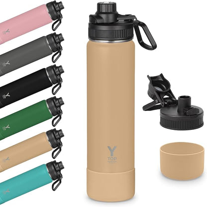 Y TOP 24oz Insulated Water Bottle Leak Proof Spout Lid Fits in Car Cup Holder – Double Wall Dishwasher Safe Easy Clean stainless steel drinking water bottle for Gym Kids Sports Travel Hiking School