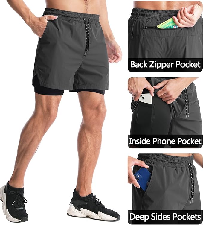 Aolesy Men's 2 in 1 Running Shorts 5" Workout Gym Athletic Shorts for Men Quick Dry Lightweight Training Shorts with Pockets
