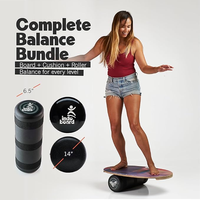 The Original Indo Board Training Package - Balance Board Trainer for Core Strength, Stability & Athletic Performance - Surfing, Skateboarding, Snowboarding, Yoga, Physical Therapy & More. Includes Board, Cushion and Roller.
