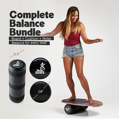 The Original Indo Board Training Package - Balance Board Trainer for Core Strength, Stability & Athletic Performance - Surfing, Skateboarding, Snowboarding, Yoga, Physical Therapy & More. Includes Board, Cushion and Roller.
