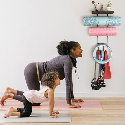 VINAEMO Yoga Mat Holder Accessories Wall Mount Organizer Storage Decor Foam Roller and Towel Storage Rack with 4 Hooks and Wooden Shelves Yoga Mats Rack Resistance Bands for Home Gym School Office