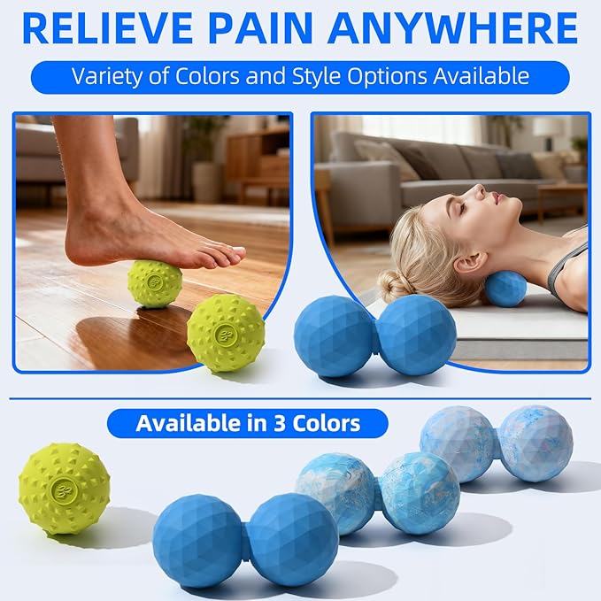 Peanut & Spiky Massage Ball Set, Double Lacrosse Peanut Roller + Firm Spiky Ball for Deep Tissue Myofascial Release, Trigger Point Therapy, Plantar Fasciitis & Muscle Recovery (Blue Mix White+Yellow)