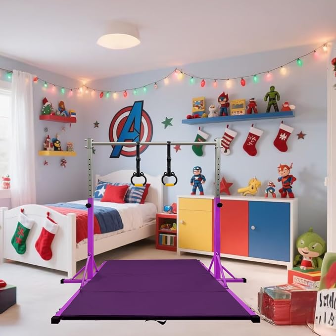 Gymnastics Bar for Kids Girls Ages 3-15 with Ring for Home Indoor Training Equipment- Steady Steel Construction, Anti-Slip, Easy to Assemble, 3' to 5' Adjustable Height
