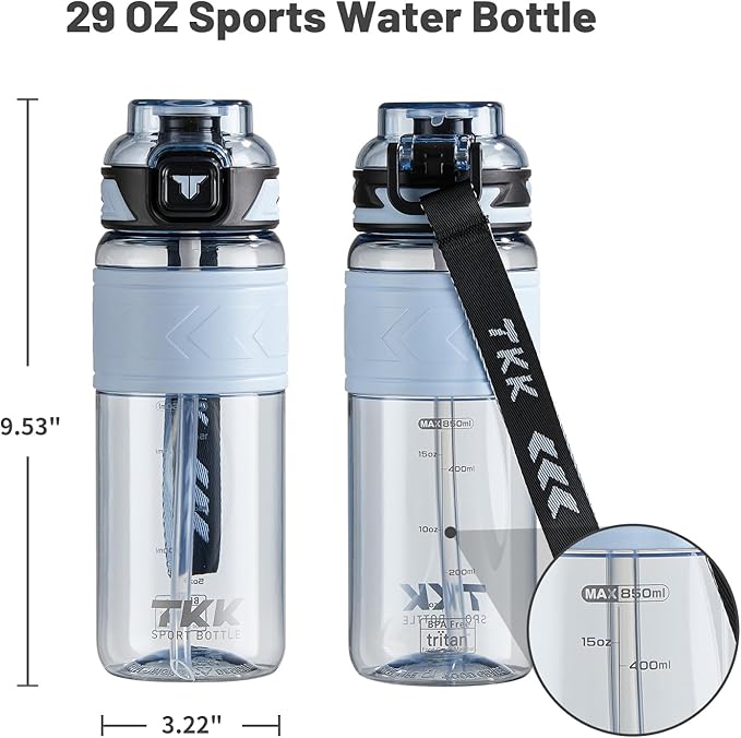 TKK Sports Water Bottles with Removable Straw 29 oz Leak-proof Flip Top Lid BPA Free Tritan Bottle with Strap for School, Fitness, Gym, Outdoor, Blue