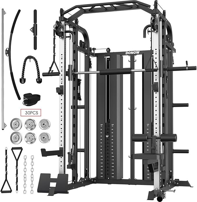 DONOW Smith Machine with Weight Stacks, Multi Function Home Gym System Training Power Cage Squat Rack Dual Cable Crossover Machine All in One