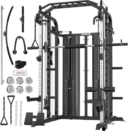 DONOW Smith Machine with Weight Stacks, Multi Function Home Gym System Training Power Cage Squat Rack Dual Cable Crossover Machine All in One