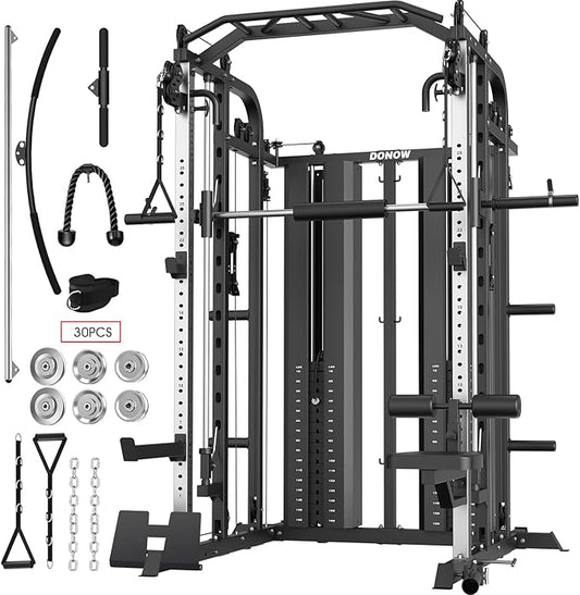 DONOW Smith Machine with Weight Stacks, Multi Function Home Gym System Training Power Cage Squat Rack Dual Cable Crossover Machine All in One