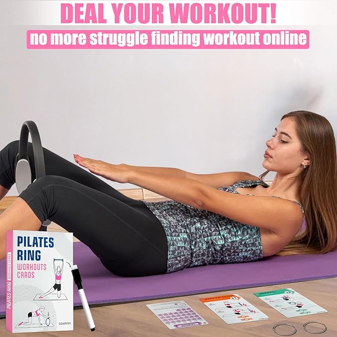 Pilates Ring Workouts for Women-58 Exercise Cards with Pilates Mat Workout Postures，ncludes 4-Week Challenge,2 Rings& Dry-Erase for Easy Organization-Home, Gym or Studio