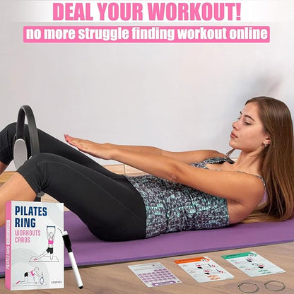 Pilates Ring Workouts for Women-58 Exercise Cards with Pilates Mat Workout Postures，ncludes 4-Week Challenge,2 Rings& Dry-Erase for Easy Organization-Home, Gym or Studio