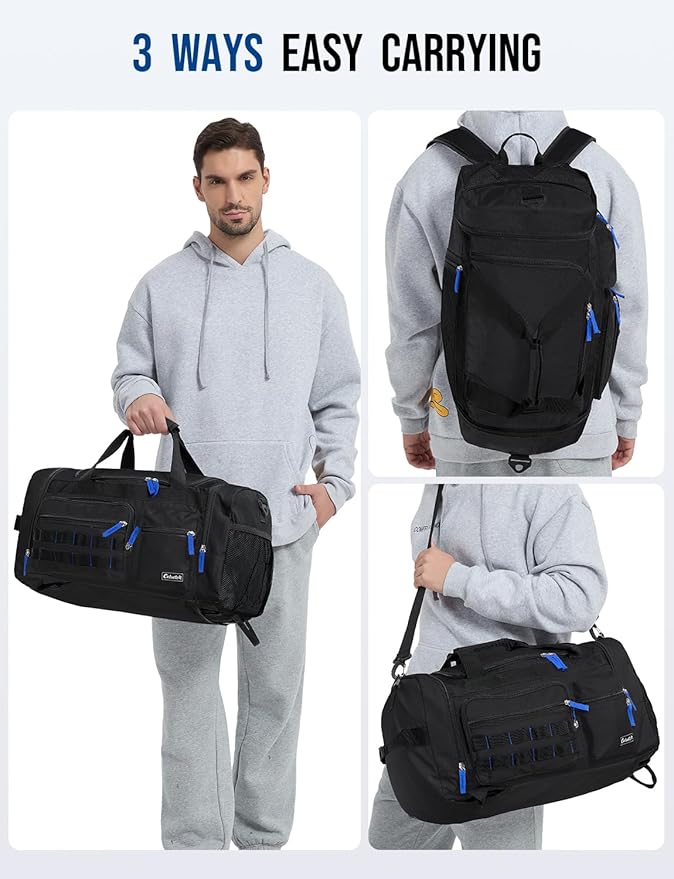 Gym Bag for Men Women with Shoes Compartment 3-in-1 Sports Travel Duffel Bag Multipurpose Weekender Overnight Backpack with Wet Pocket - Black