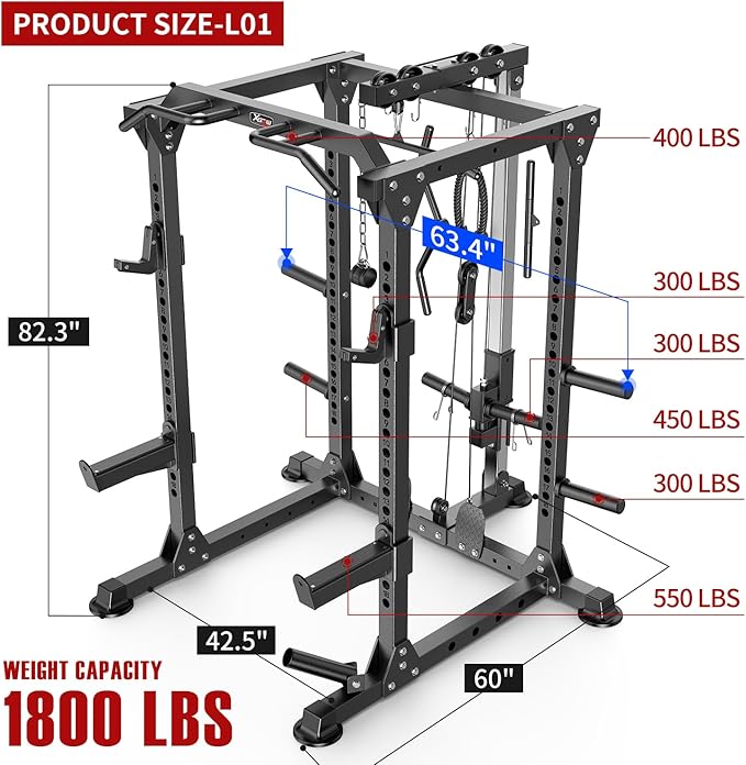 Power Rack Power Cage Multi-Function Squat Rack with Cable Crossover System Selectable More Training Attachment Power Rack for Garage & Home Gym