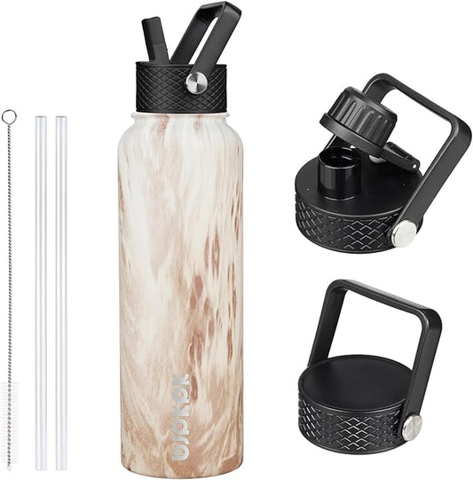 BJPKPK Insulated Water Bottles with Straw Lid, 40oz Stainless Steel Water Bottles with 3 Lids, BPA Free Leakproof Thermo, Tumblers, Cups for Sports-Wood Yellow Gray