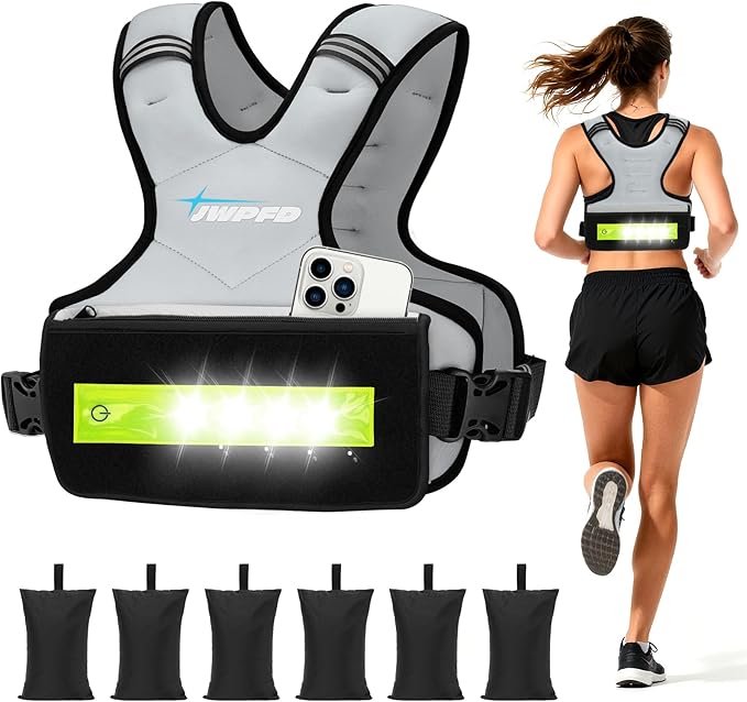 Adjustable Weighted Vest for Women Men, 6-15 Lbs/12-18 Lbs Rucking Vest with LED Light Strips, Weight Vest with 6 Ironsand Weights, and Zipper Pocket for Strength Training, Walking, Running