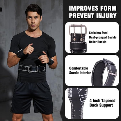 Weight Lifting Belt 4 inch Leather Belt Foam Padded Back Support Gym Belt for Bodybuilding Squat Deadlift Weightlifting Belt Women Free Wrist Wrap