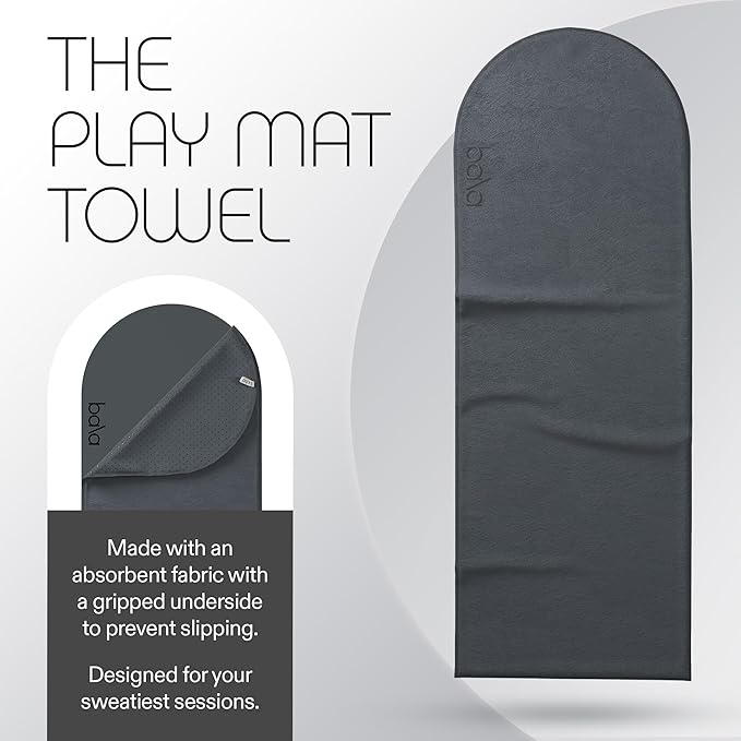 Bala Play Mat Towel, Charcoal - Non-Slip Absorbent Gym Towels Designed for Sweat, Hot Yoga, Pilates & Core Training Workouts - Fitness & Exercise Gear Essentials for Working Out - Men & Women