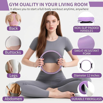 Pilates Kit for Home Workouts for Women-12-Piece Equipment Set with Ring,Yoga Ball,5 Resistance Bands,Figure-8 Band,Arm Stretcher,Grippy Socks,Storage Bag for Toning,Strength & Flexibility