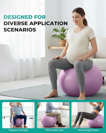 Gruper Yoga Ball, Extra Thick Exercise Ball for Workout Pregnancy Stability - 4 Sizes Anti Burst Balance Ball for Yoga, Pilates, Fitness, Birthing, Physical Therapy - Includes Pump