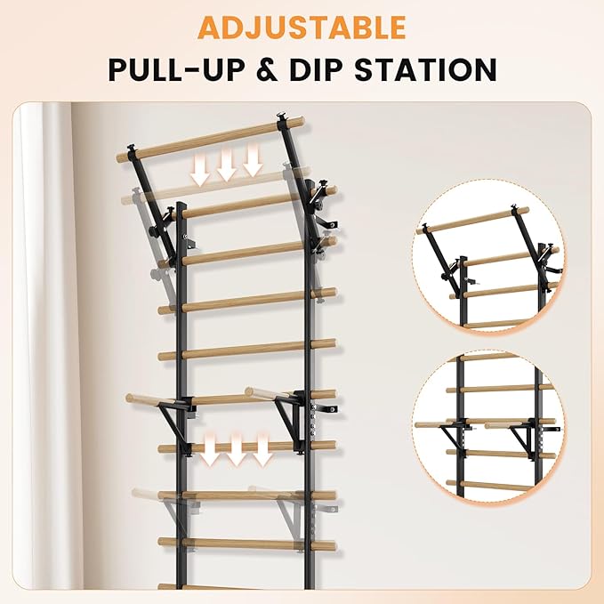 Swedish Ladder Wall Gym, Stall Bar Home Gym with Adjustable Pull-Up Bar, Dip Bar Attachments & 2pcs Resistance Band, 9 Strategic Rods for for Home, School, Hysical Therapy and Gymnastics