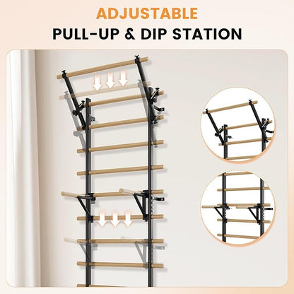 Swedish Ladder Wall Gym, Stall Bar Home Gym with Adjustable Pull-Up Bar, Dip Bar Attachments & 2pcs Resistance Band, 9 Strategic Rods for for Home, School, Hysical Therapy and Gymnastics