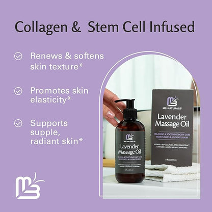 Lavender Sensual Massage Oil with Collagen and Stem Cells, Skin Tightening Therapy for Bum, Thighs, and Belly, Fast-Absorbing Cellulite Oil, 8 fl oz by M3