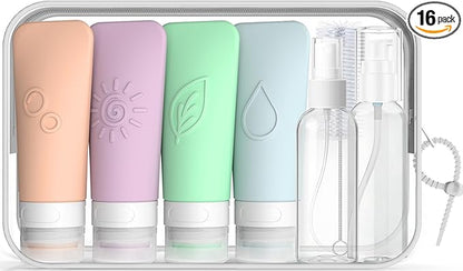 16-Piece Silicone Travel Bottles Set – TSA Approved Leakproof Toiletry Kit with Flat Easy-Squeeze Bottles, Pump & Spray, Waterproof Bag