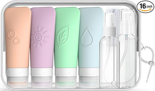16-Piece Silicone Travel Bottles Set – TSA Approved Leakproof Toiletry Kit with Flat Easy-Squeeze Bottles, Pump & Spray, Waterproof Bag