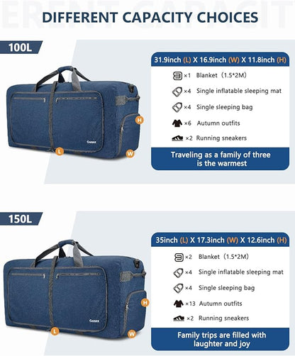 Gonex 40L 60L 80L 100L 150L Large Foldable Travel Duffle Bag with Shoes Compartment, Packable Lightweight Water Repellent Duffel Bag for Camping Gym Weekender Bag