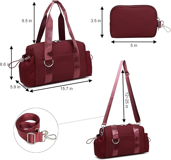 Everyday Mini Gym Bag for Women 2.0, Small Tote with Zipper Compartment Waterproof Travel Duffle Cute Handbag Workout Carry On with Removeable Shoulder Strap & Coin Wallet Easy to Clean-Wine