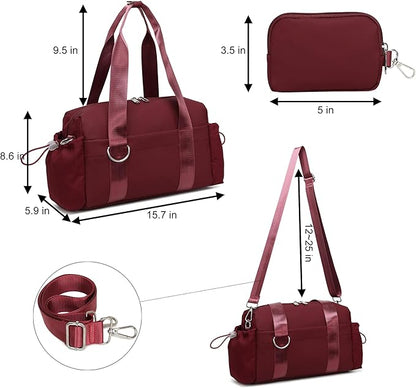 Everyday Mini Gym Bag for Women 2.0, Small Tote with Zipper Compartment Waterproof Travel Duffle Cute Handbag Workout Carry On with Removeable Shoulder Strap & Coin Wallet Easy to Clean-Wine