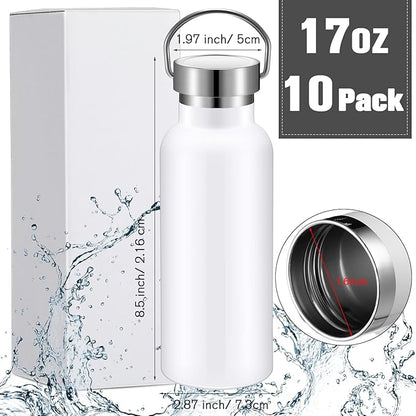 Cunhill 10 Pack Reusable Stainless Steel Water Bottle Bulk Double Wall Insulated Sports Water Bottle with Handle and Vacuum Seal Leakproof Lid for Sports Cyclists Hiking Gym Camping Gift(White,17 oz)