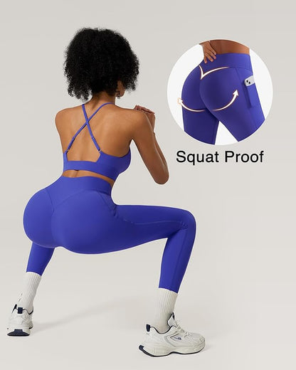 RXRXCOCO 2 Piece Workout Sets for Women Strappy Sports Bra Booty Leggings with Pockets Yoga Gym Outfits