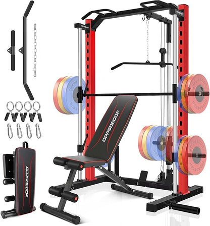 OPPSDECOR Smith Machine Power Rack for Home Gym - All-in-One Power Cage Squat Rack with LAT Pulldown, Cable Machine & Barbell Bar - Multi-Functional Strength Training Equipment