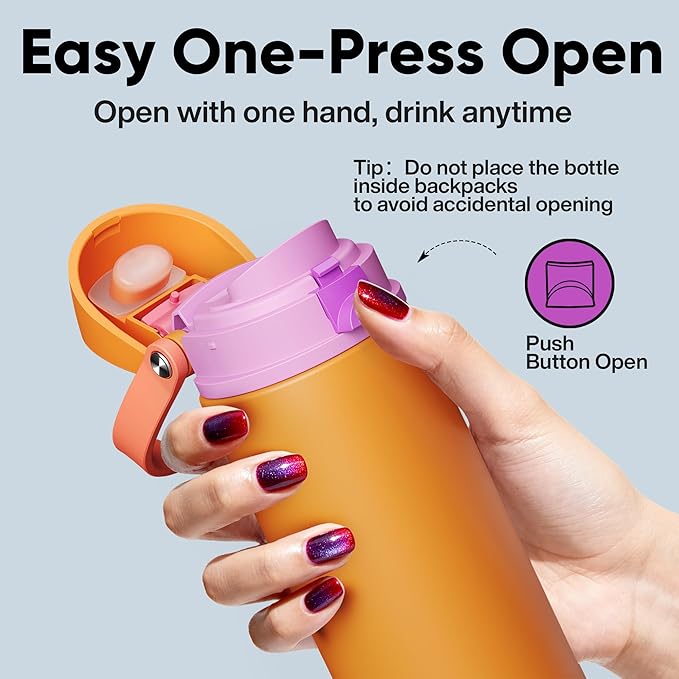 Insulated Water Bottle with Straw - Encool Stainless Steel Water Bottle with Push Button Lid, Leak-Proof & BPA-Free, Keeps Cold for 24 Hours for Sports, Travel, Gym (24 oz, Tiger Eye)