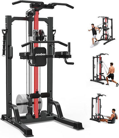 Pull Up Bar Power Tower Dip Station,Cable Machine-Integrated 450LBS Multi-Function Adjustable Height Fitness Strength Training Equipment for Home Gym Strength Training Equipment