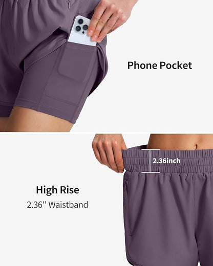 Ksmien Women's 2 in 1 Running Shorts Quick Dry Athletic Gym Workout Shorts with Liner Phone Pockets