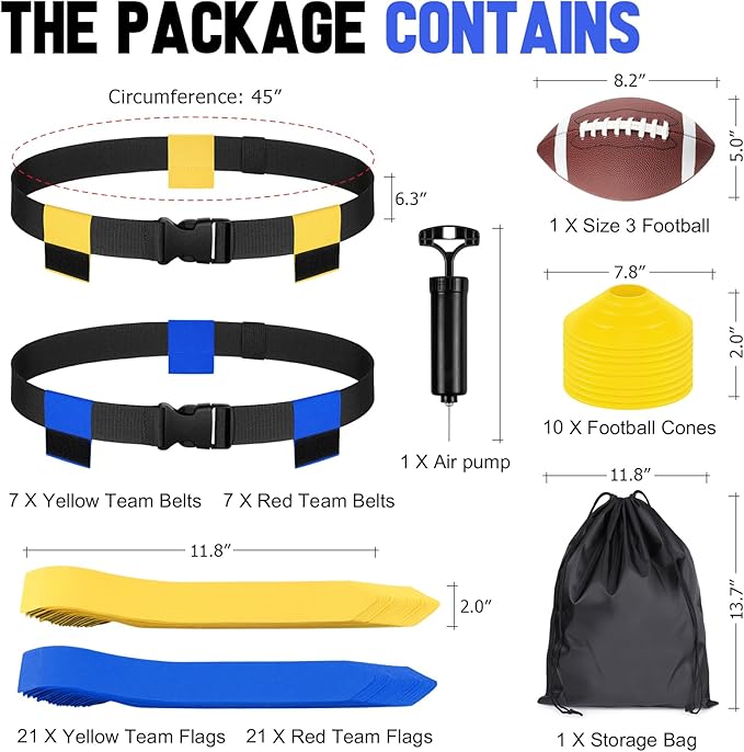 Flag Football Set - 14/20 Player Adjustable Belts with Cones, Football, Pump, Bag, for Youth and Adults Training