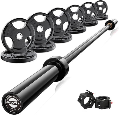 RitFit Barbell Weight Set - 4/6FT Olympic Barbell with Weight Plates (55-115LB Total) - Weightlifting Equipment for Squats, Curls, Deadlifts, Presses, Hip Thrusts