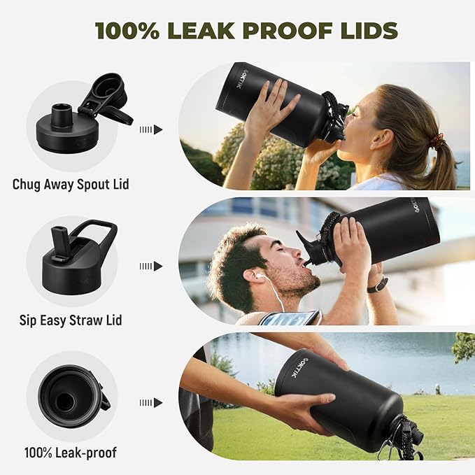 COKTIK 128oz Insulated Water Bottle - Stainless Steel Vacuum Metal, Portable 1 Gallon Large-Capacity Sports Bottle with Straw, Carry Bag and Handle Strap, Ideal for Gym & Hiking(Black)