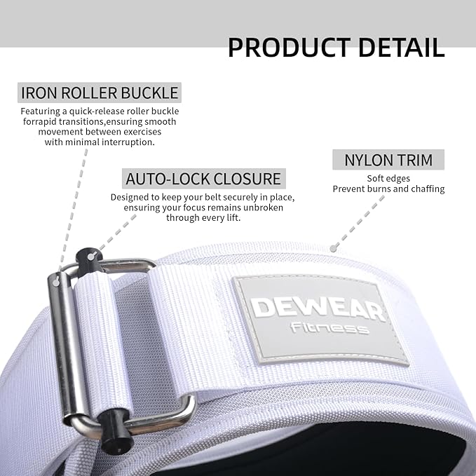 Durable Weight Lifting Belt, 4'' Wide Gym Belt for Bodybuilding, Powerlifting, Squats, Deadlift - Provides Lumbar Support & Stability for Men & Women (White, L)