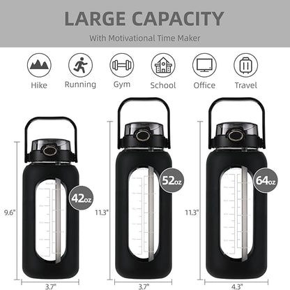 SIEROZUR 64 oz Glass Water Bottle with Straw and Handle Lid Half Gallon Motivational Glass Bottle with Silicone Sleeve and Time Marker Large Reusable Sports Water Jug for Gym Home Workout