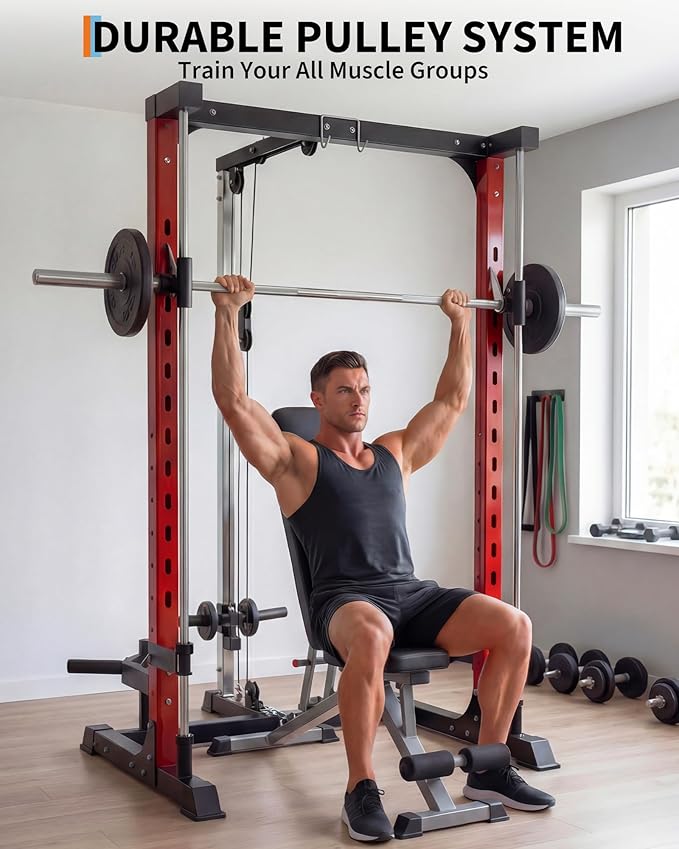 Smith Machine with Bench, Heavy Duty Power Cage Squat Rack with Smith Bar, LAT Pulldown System, Chest Station & More Training Attachment, Home Gym Equipment for Strengthen Training