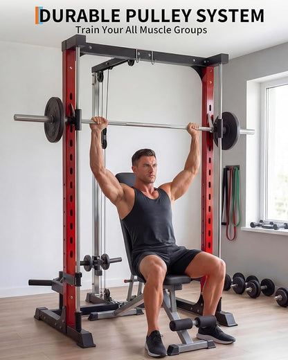 Smith Machine with Bench, Heavy Duty Power Cage Squat Rack with Smith Bar, LAT Pulldown System, Chest Station & More Training Attachment, Home Gym Equipment for Strengthen Training
