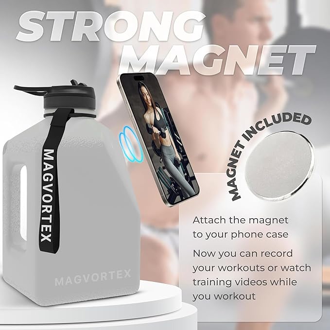 91oz Gym Daily Water Bottle Grey – Large BPA-Free PETG Jug with Magnetic Plate Phone Mount, Leakproof Flip-Top Lid, Wide Mouth for Ice, Straw, Carry Strap, Stable Base, Time Marker