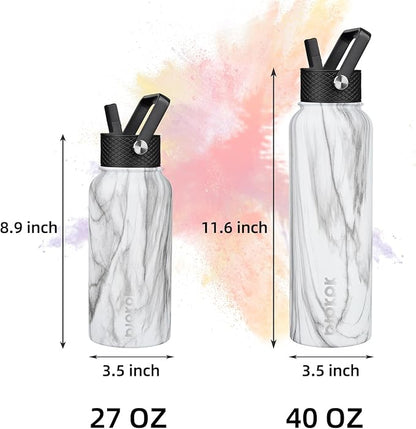 BJPKPK Insulated Water Bottles with Straw Lid, 27oz Stainless Steel Water Bottle with 3 Lids, Leak Proof BPA Free Metal Thermo, Mugs, Tumblers, Keep Cold Hot - White Birch
