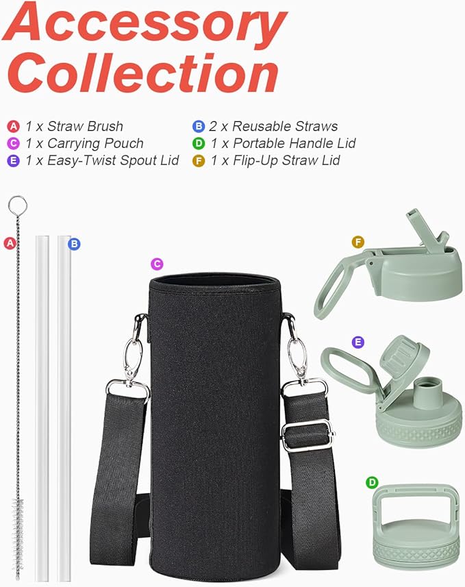 Coolflask Water Bottle 40 oz Insulated with Straw, Stainless Steel Metal 3 Lids Water Flask for Sports or Office, Keep Cold 48H Hot 24H, Grey Green