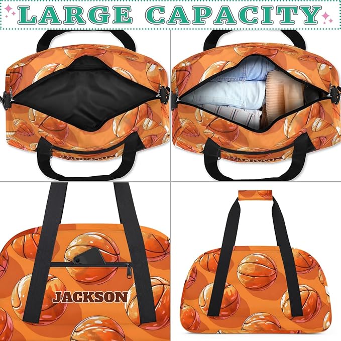 Personalized Kids Basketball Gym Sport Bags with Custom Name Boys Sport Training Travel Bags for Overnight Weekender, Orange
